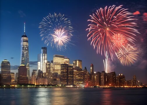 Bright colorful fireworks exploding over the New York City skyline at night with reflections on the water isolated on transparent background