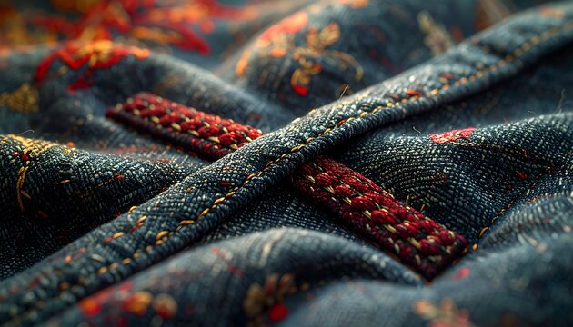 Close-up textile shot showcasing denim fabric with intricate red embroidered details, emphasizing texture and pattern variations