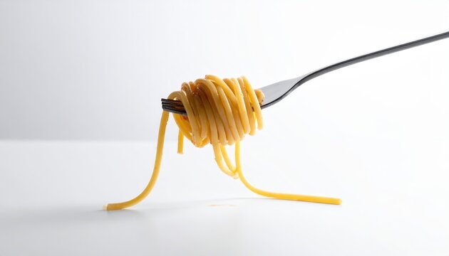 A single strand of spaghetti meticulously wound around the tines of a metal fork, ready for a satisfying meal.