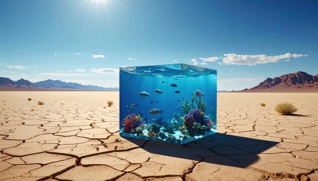 A perfect cube of vibrant ocean water teeming with fish and coral floats in a stark, dry desert landscape under a bright blue sky.