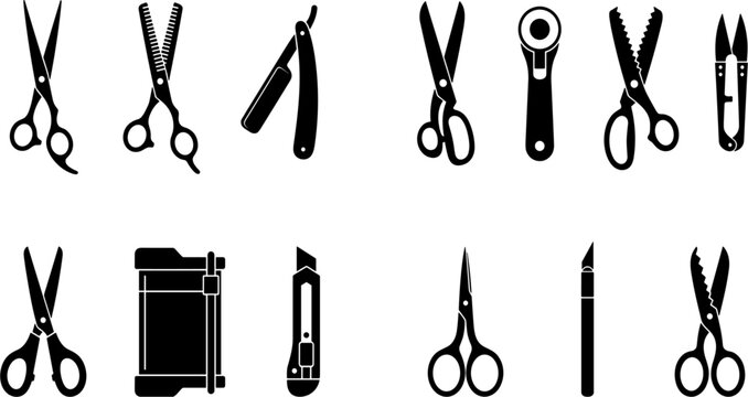 Professional black solid scissors and cutting tools icon set featuring hair thinning shears straight razor rotary cutters utility knives and tailoring pinking shears for craft office or barber designs