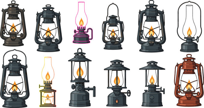 Vintage lantern and kerosene oil lamp vector illustration set featuring retro camping lights and hurricane lamps isolated on white background