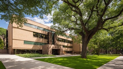 Obraz premium Modern building with large tree and green lawn on a sunny day