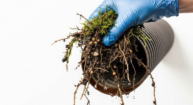 Hand holding plant roots coming out of flower pot for repotting process. Plant roots preparation includes soil and organic material with gloves. Concept of repotting plants and gardening tasks.
