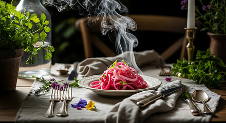 Fototapeta premium Fresh red pickled onion salad served on a rustic wooden table with steam rising in a dark kitchen