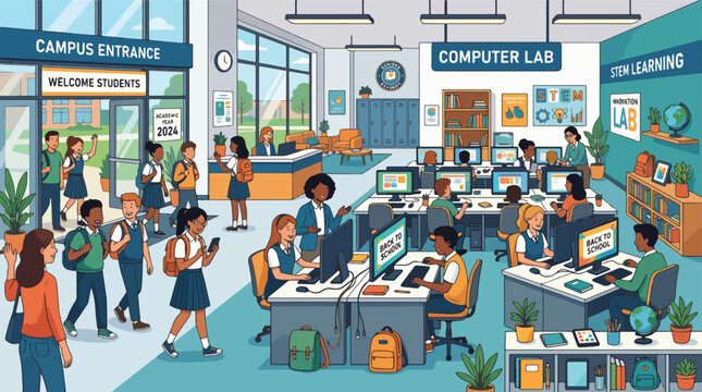 Students in a modern school computer lab.