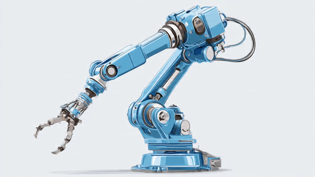 Blue robotic arm with articulated joints and mechanical claws on a plain white background