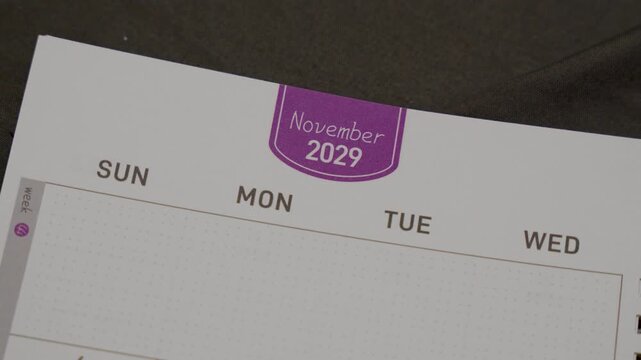 November 2029 planner page close up for monthly scheduling concept with calendar layout and time organization