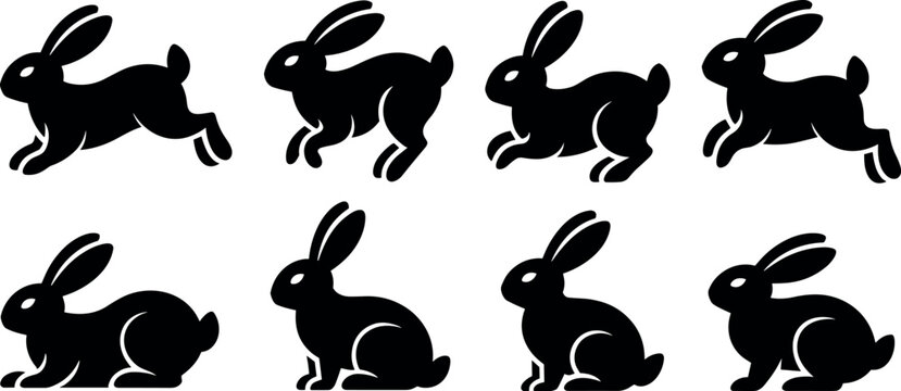 Black rabbit silhouettes set with jumping running and sitting bunny positions monochrome vector illustration isolated on white background
