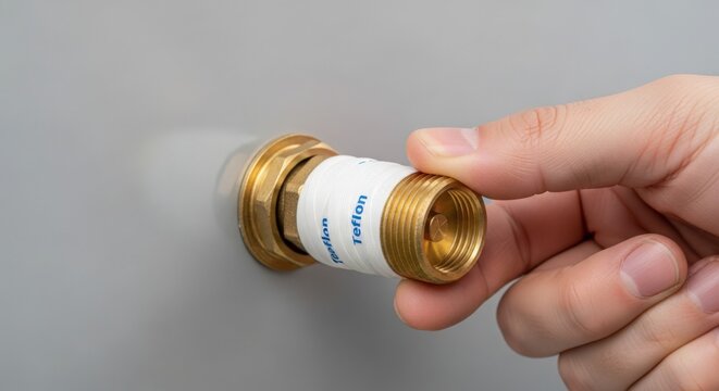 Hand installing brass plumbing fitting into wall socket, plumbing maintenance includes careful attachment of hardware, ensuring secure connection for leak-free operation, concept plumbing services.