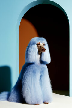 Elegant groomed dog with long coat posing by arched door