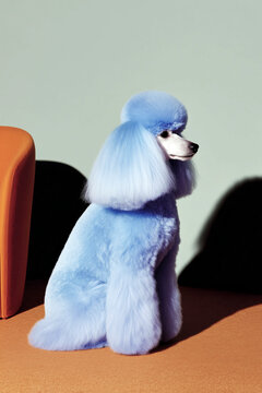 Pastel blue poodle portrait with styled coat in studio
