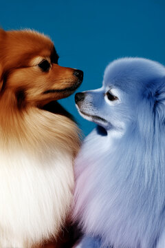 Two fluffy pet dogs facing each other on blue background