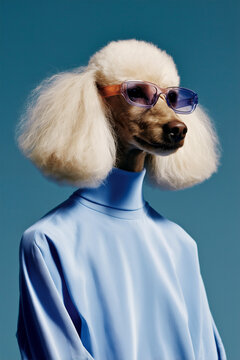 Stylish poodle in sunglasses and blue sweater portrait