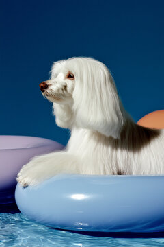 Cute white dog relaxing on inflatable ring in pool
