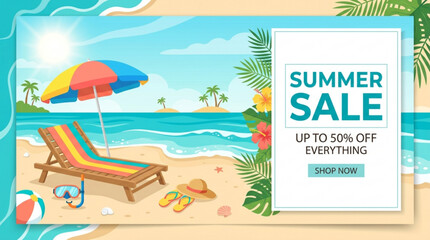 Obraz premium Summer sale banner with beach scene deck chair and umbrella tropical vacation concept for advertising and promotion