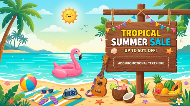 Tropical summer sale banner with beach elements flamingo float and fruits perfect for vacation promotions and advertising