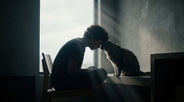 Quiet moment of comfort between boy and cat at window