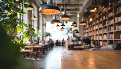 Fototapeta premium Cozy cafe with books, plants, warm lights, and seated patrons