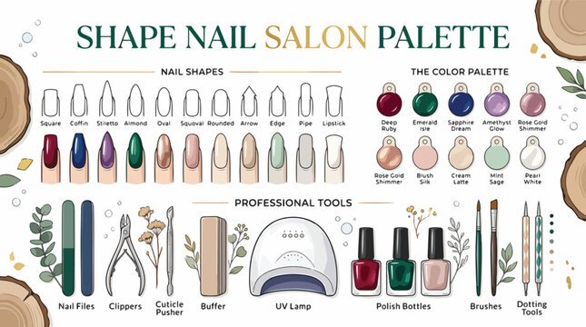 Nail salon tools and color palette.