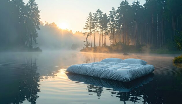 A perfectly made bed with a crisp white duvet is floating peacefully on a misty lake at sunrise, inviting serene dreams and tranquil relaxation.