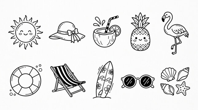 Cute hand-drawn summer icons including sun hat cocktail pineapple flamingo and beach elements perfect for vacation graphics and design