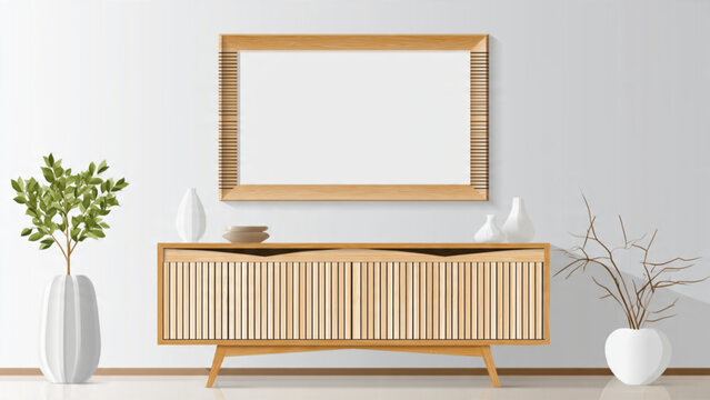 Minimalist wooden sideboard with large mirror and decorative plants for modern living room