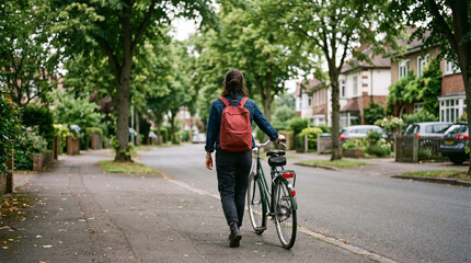 Fototapeta premium Young woman with red backpack walking beside her bicycle on suburban street.