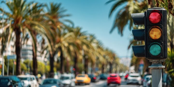 Traffic light with red signal at a palm-lined boulevard with cars