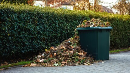 Fototapeta premium A green waste bin overflowing with leaves and garden debris is placed beside a neatly trimmed hedge along a paved pathway.