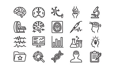 Neurology and brain research icons depicting neural scans and medical diagnostics. © MdShohidul