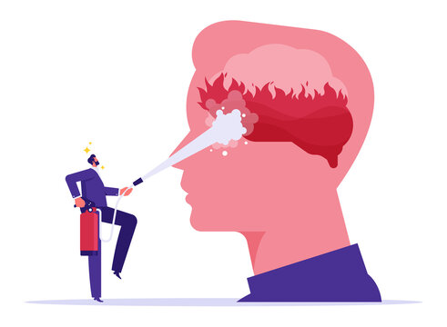 Therapy to cool down burning mind or anger, reduce burnout or mental illness, depression, cure anxiety and stress, businessman holding fire extinguisher to extinguish burning fire on human head