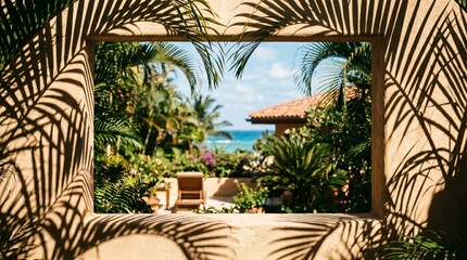 Fototapeta premium Tropical ocean view through a window frame with palm leaf shadows at a luxury beach resort