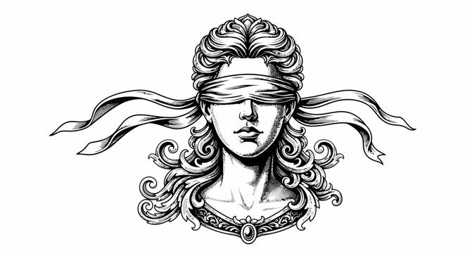 Baroque illustration of Lady Justice with blindfold and flowing hair