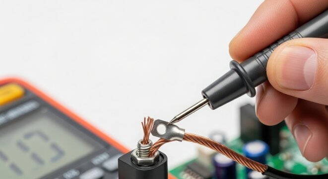 Electrical testing with multimeter and probes measuring circuit connections, detailed view of technician's hand working with electronic components, concept electrical diagnostics and maintenance.