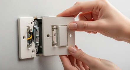 Naklejka premium Hand adjusting wall switch for lighting control in home renovation project, showcasing detailed inner components of electrical switch mechanism.