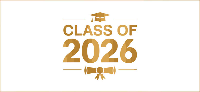 Class of 2026 graduation typography badge with golden cap and diploma scroll icons in elegant gold frame isolated on white background