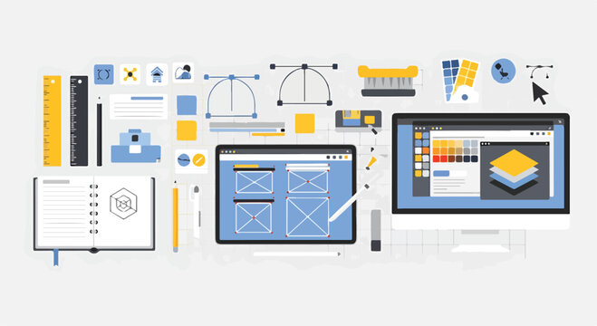 Graphic design tools and software elements on a desk