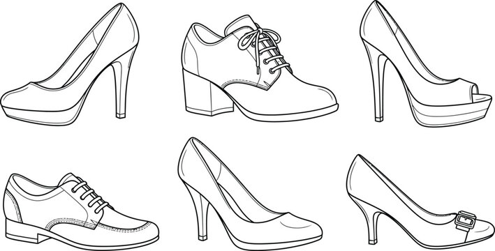 Elegant collection of mens and womens shoes depicted in a stylish black and white outline vector illustration suitable for fashion retail or e-commerce design