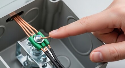 Obraz premium Electrical wiring setup with person connecting copper wires to terminal block. Electrical work includes finger pressing down on wire connector for secure connection.