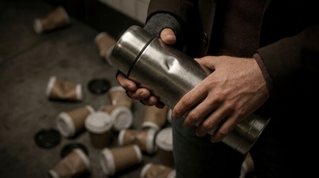 Hands gripping steel thermos amid discarded plastic cups