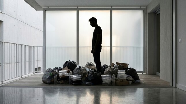 Pensive man silhouette facing unsorted plastic on balcony