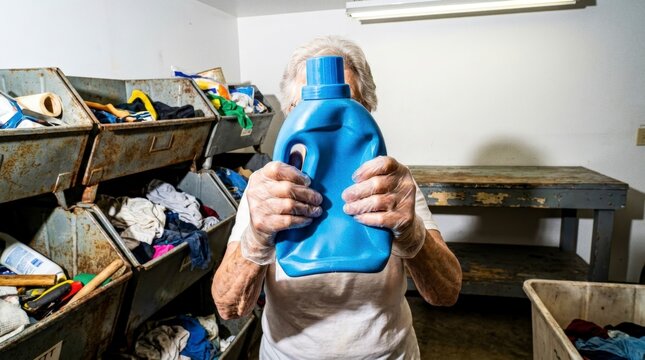 Worker crushing plastic detergent bottle for recycling