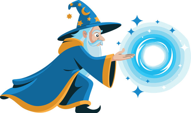 Old wizard character in blue robe and pointed star hat casting powerful swirling magic spell vector cartoon illustration