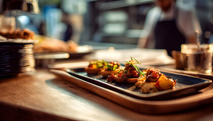 Fototapeta premium A close-up shot of a tray of food on a table, perfect for showcasing dishes in restaurants or cafes