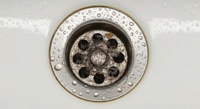 Drain cover with water droplets reflecting surrounding light. Drain features circular design with small holes allowing water to flow, showcasing functionality in kitchen or bathroom setting.