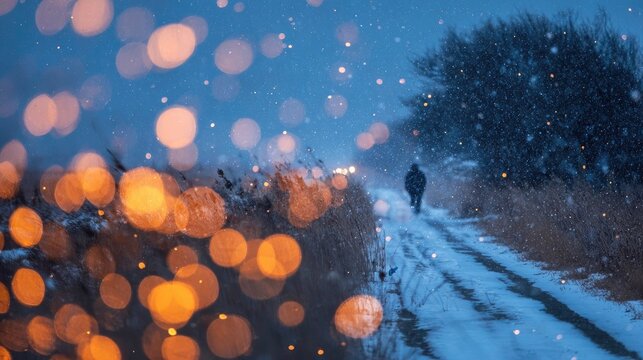 A lone figure walks down a snowy path in the twilight, surrounded by glowing lights
