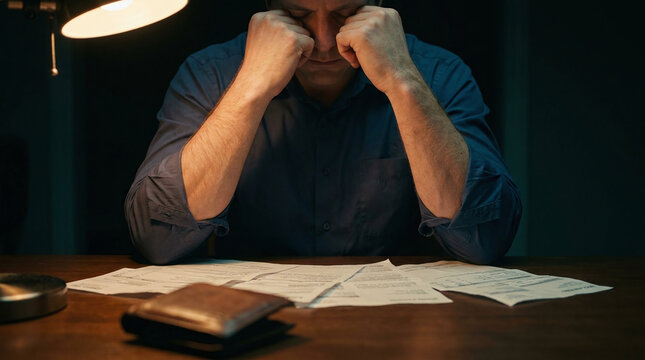 Financial stress from inflation, tired person with bills
