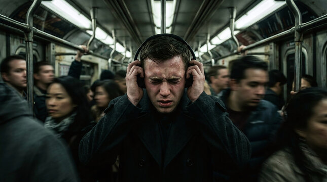Stressed commuter with headphones facing sensory overload