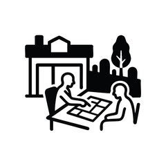 Fototapeta premium Cemetery office plot purchase consultation. Vector illustration of funeral planning meeting. Minimalist black and white silhouette icon isolated on transparent background